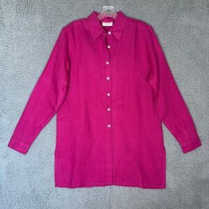 Amanda Smith Pure Linen Button Down Shirt Fuchsia Pink Long Sleeve Tunic Size M